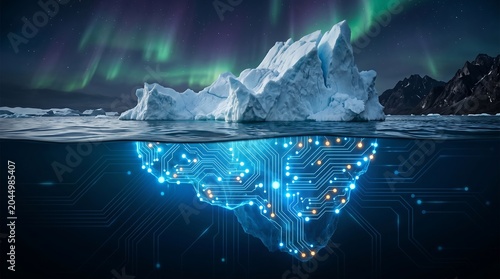 AI Iceberg Metaphor Revealing Hidden Data Complexity, Deep Learning Processes, and Cybersecurity Infrastructure for Business Strategy