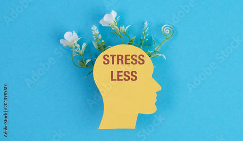 Yellow head silhouette on bright blue background. White flowers sprout from its top. Red letters spell STRESS LESS across its forehead.
