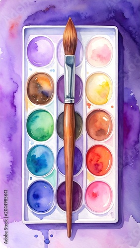 A watercolor palette with a paintbrush set against a vibrant purple background