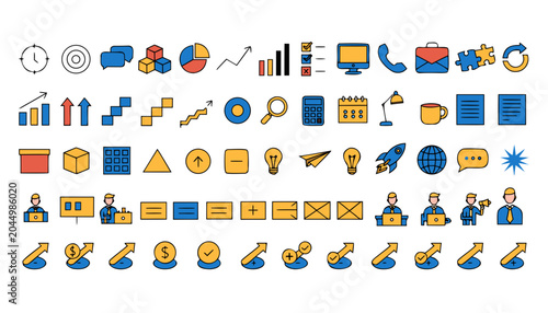 Business icons set for presentation and web design colorful flat outline vector symbols.