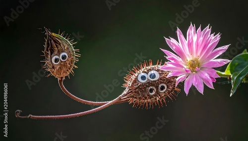 A whimsical illustration of two brown, spiky seed pods with large eyes and a long stem, approaching a pink flower