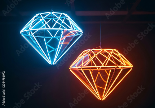 Neon diamond light installations in blue and orange, glowing geometric gemstone wireframe lamps, vibrant electric jewelry art decor on dark background