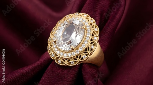 Fotografie Luxury White Topaz Diamond Filigree Halo Gold Ring on Dark Red Silk, Elegant Vin