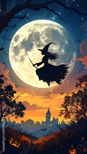 A witch flies on a broomstick under a bright moon