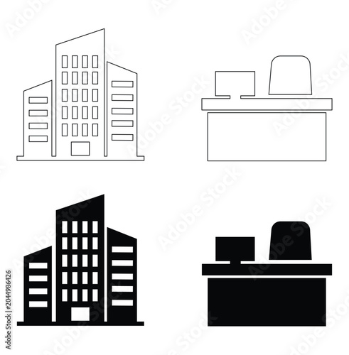 Corporate office workspace and business headquarters outline icon set