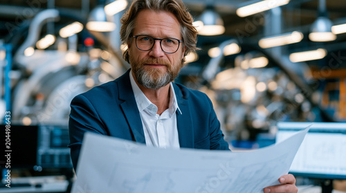 Reshoring manufacturing executive reviewing domestic production capacity plans at factory floor command center, industrial operations returning to homeland, job creation investment strategy meeting 