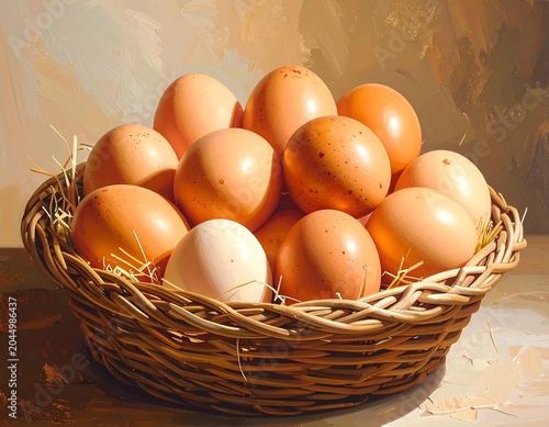 A wicker basket filled with brown and one white egg