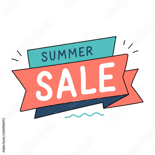 Summer sale ribbon banner with hand drawn lettering in cute doodle style for seasonal promotions