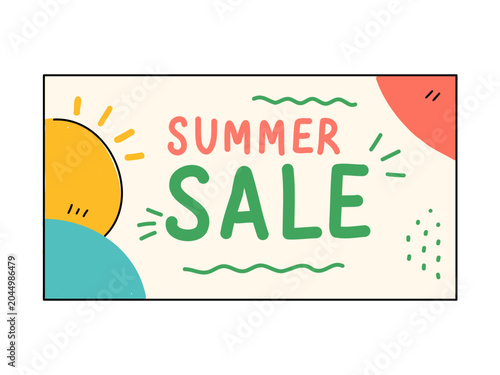Summer sale poster with sunshine, abstract shapes and hand drawn lettering in cute doodle style