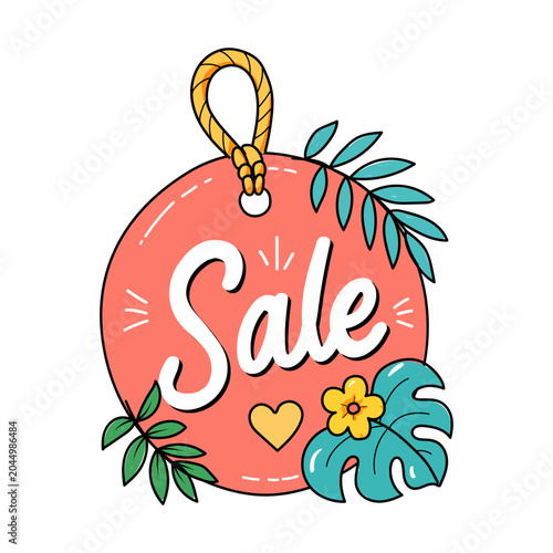 Round sale tag with tropical leaves, flower and rope hanger in cute doodle style for summer promotions