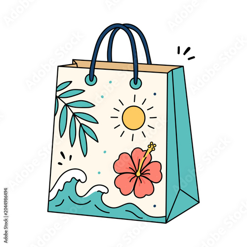 Shopping bag with tropical leaves, hibiscus flower, ocean waves and sunshine in cute doodle summer style