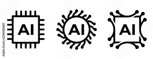 Three black and white artificial intelligence icons with ai text on microchip, circular and square circuit board symbols on white background