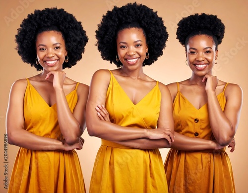 A woman in a yellow dress poses in three different ways
