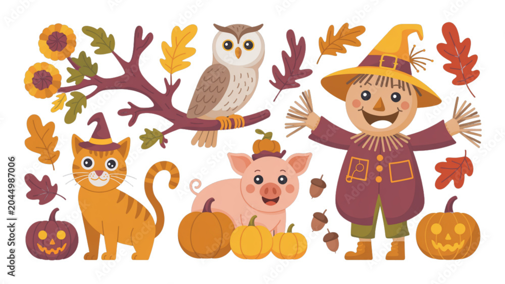 Obraz premium Colorful cartoon animals and birds playing together in autumn leaves
