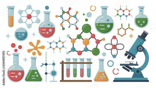 Tableau sur toile Colorful science and chemistry illustration with laboratory tools and beakers