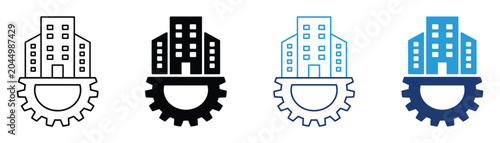 City building with gear icon set for infrastructure, construction, urban development and engineering concept isolated on a transparent background