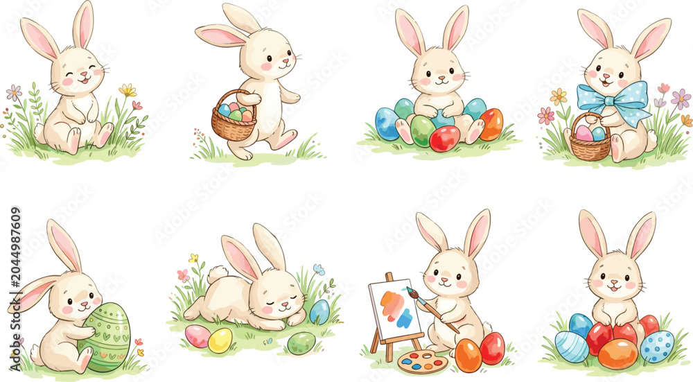 Obraz premium Cute Easter Bunny Watercolor Character Set, Cheerful Little Rabbits Painting Eggs, Holding Baskets, and Relaxing in Spring Grass Vector Illustration for Holiday Cards