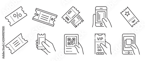 Linear icons of event tickets and mobile QR codes for digital booking systems