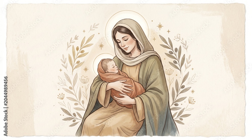 Fototapeta premium Woman holding baby Jesus. Religious illustration depicting Mary and child in nativity scene. Sacred motherhood concept for Christmas celebration and spiritual christian art template.