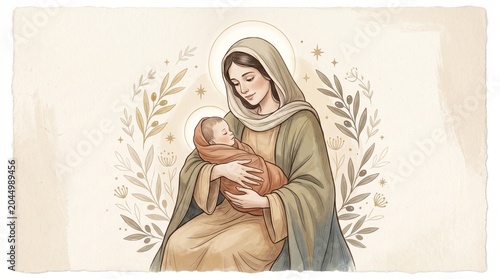 Woman holding baby Jesus. Religious illustration depicting Mary and child in nativity scene. Sacred motherhood concept for Christmas celebration and spiritual christian art template.