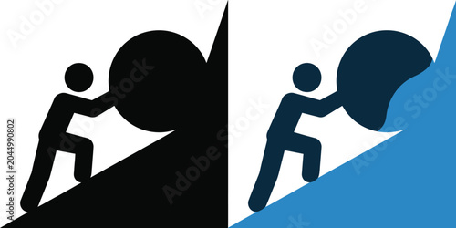 Bild auf Leinwand Man pushing, large rock uphill symbol, effort and struggle concept showing determination endurance obstacles and personal growth challenge
