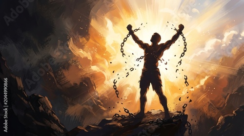 Man breaking free from heavy metal chains. Silhouette of male warrior achieving victory and freedom. Concept of empowerment, liberation, success, strength, resilience and hope.