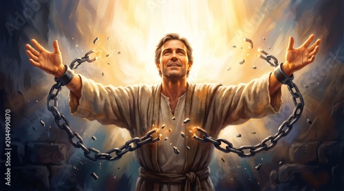 Man breaking iron chains on wrist inside dark cave. Hopeful guy achieving freedom and liberty. Conceptual religious scene of salvation and resurrection with bright glowing golden light.