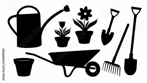 Black silhouettes of gardening tools and plants