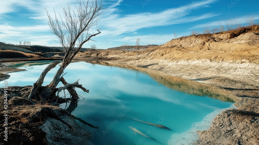 Obraz premium Dead tree by a turquoise lake.
