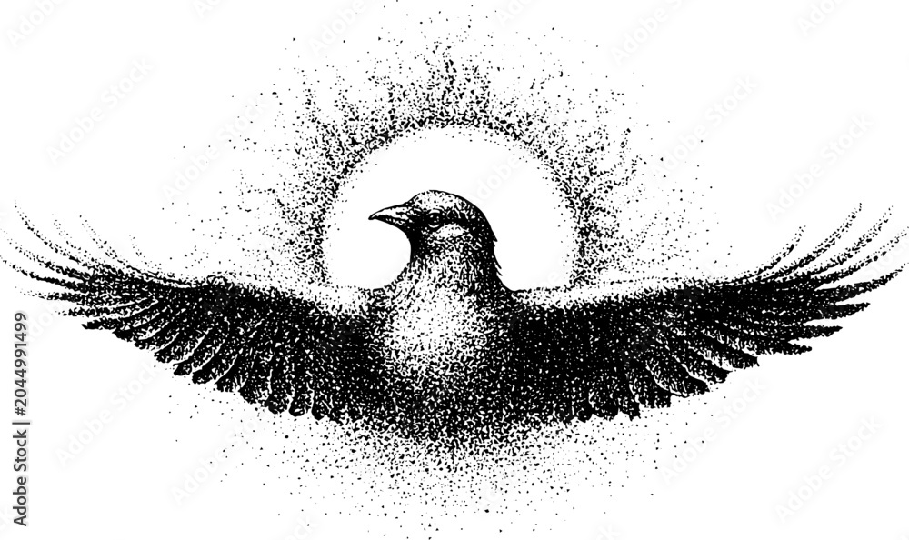 Obraz premium Raven spreading wings with ink dotted halo background