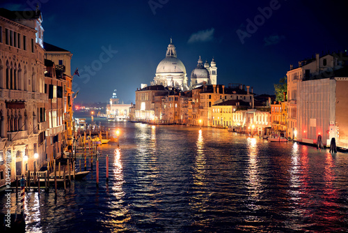 Vászonkép Grand Canal Venice at Night with Santa Maria della Salute Basilica