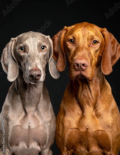 Two dogs, one light and one dark brown, sit side by side