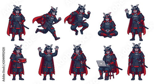 Photos Pixel art samurai warrior with red cape character sprites.