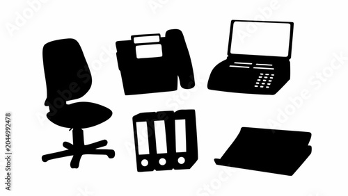 Black silhouettes of office supplies and furniture