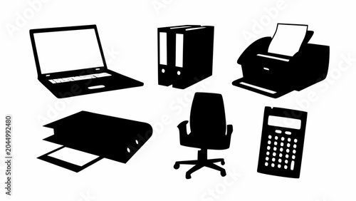 Black silhouettes of office supplies and furniture