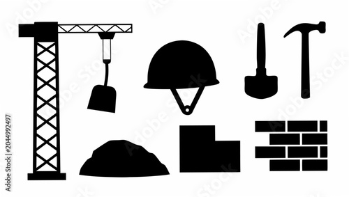 Black silhouettes of construction tools and equipment
