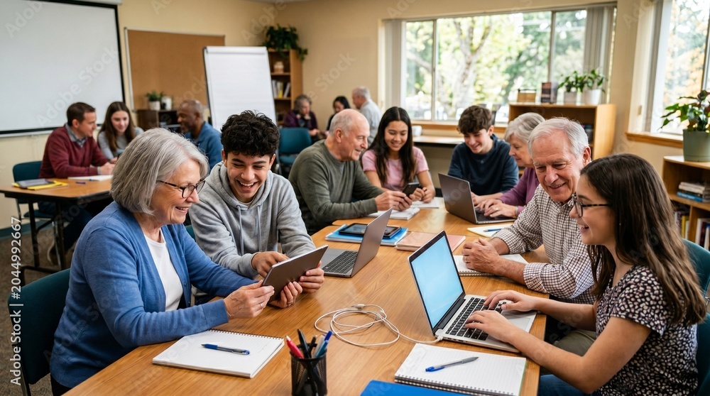 Obraz premium Diverse group of people of all ages learning and using technology together in a classroom setting