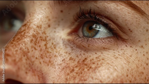 Close up of a womans eye and freckled skin.