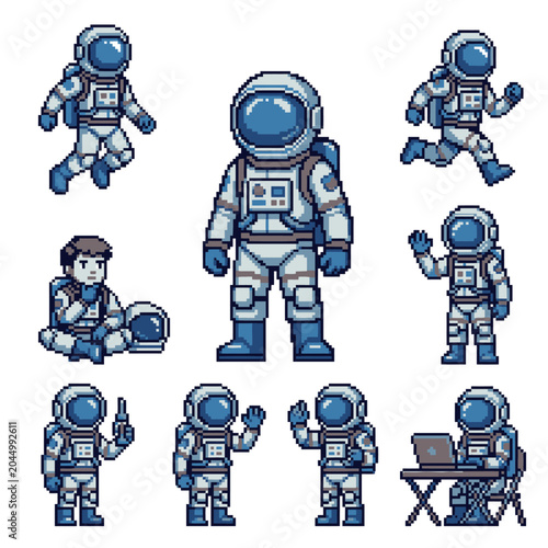 Pixel art astronaut character collection with desk and equipment.