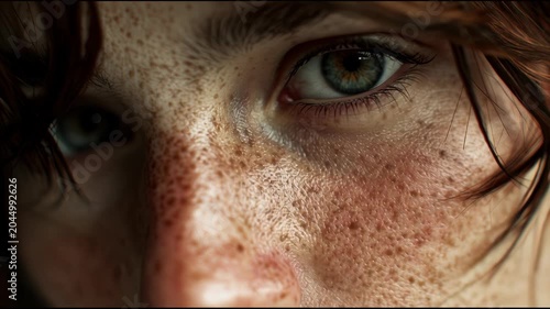 Close up of a young womans face with freckles and green eyes.