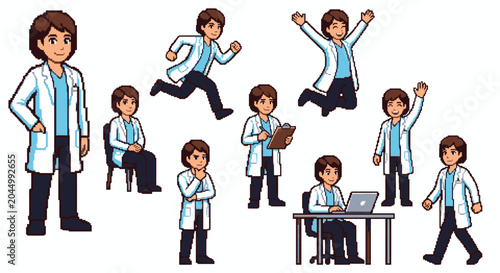 Large collection of pixel art female doctor characters.