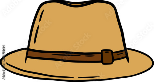 Simple cartoon illustration of a classic tan fedora hat with a brown band, perfect for travel or casual wear.