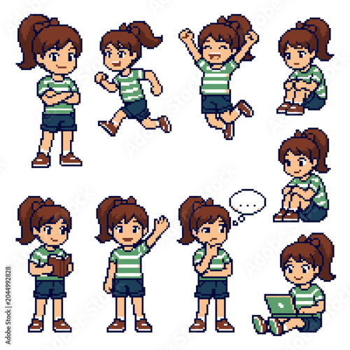 Pixel art girl in striped green shirt sprite sheet.
