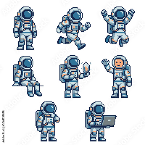 Light blue pixel art astronaut sprites for game design.