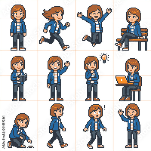 Brunette girl in blue jacket pixel art sprite set.