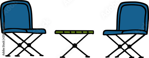 Illustration of two blue folding chairs and a small green folding table, set up for a casual outdoor or portable seating arrangement.