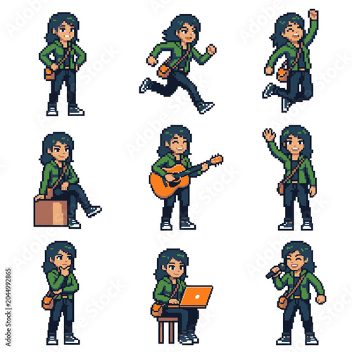 Pixel art girl character sprite sheet with various activities.