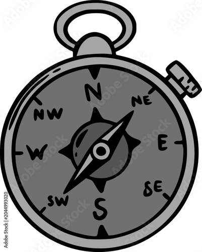 A simple, hand-drawn, grayscale illustration of a classic magnetic compass with cardinal directions and a needle pointing north.