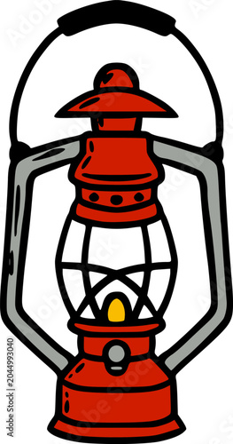 A detailed illustration of a classic red camping lantern with a grey handle and a warm glow.