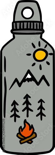 A hand-drawn illustration of a grey water bottle featuring a sun, mountains, pine trees, and a campfire, symbolizing outdoor adventure and nature.